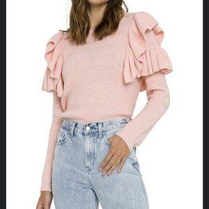 Free the Roses Pink Ruffled Shoulder Crewneck Sweater: SIZE SMALL